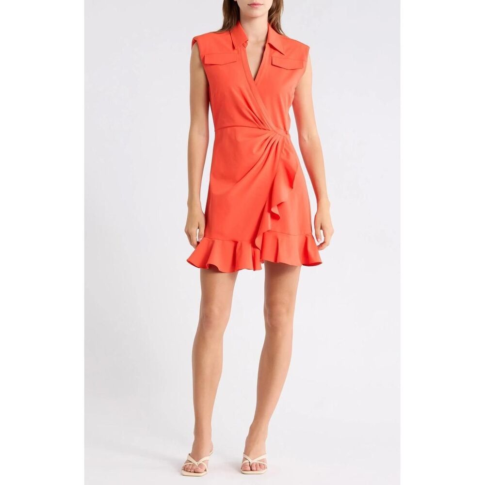 New Cinq a Sept Zenni Sleeveless Ruffle Hem Wrap Mini Dress in Cherry Tomato 10